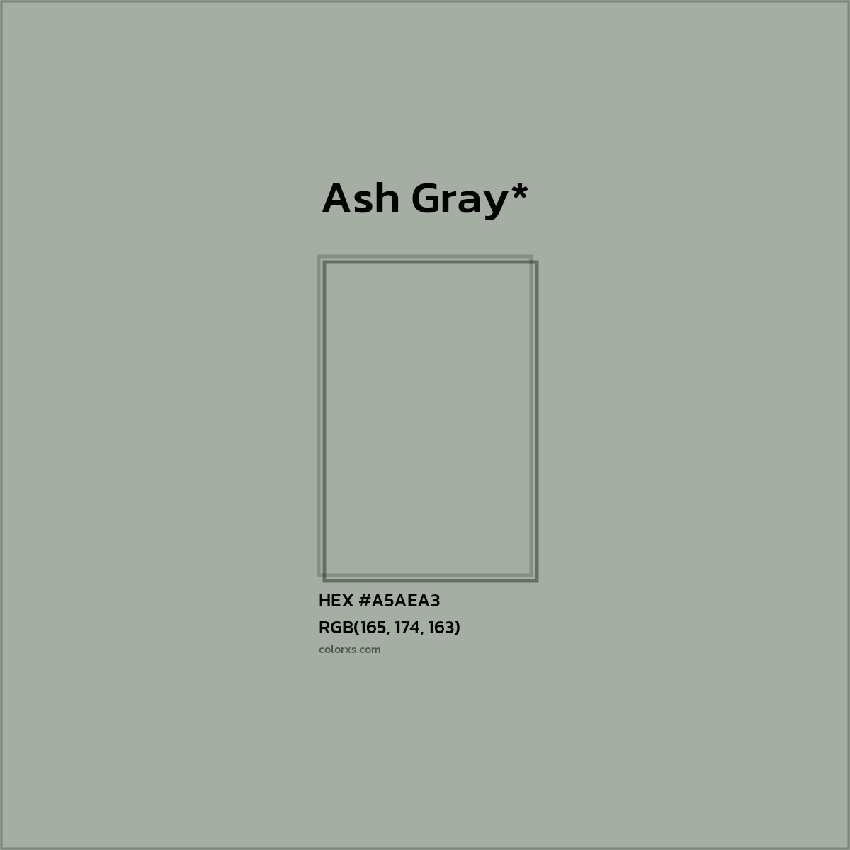 #A5AEA3 hex color. RGB, RYB, CMYK, HSL, HSV codes and color conversions. Matching color names, palettes, paints.