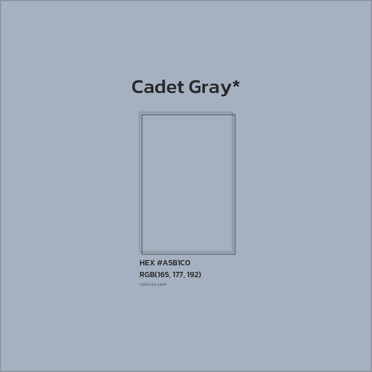#A5B1C0 hex color. RGB, RYB, CMYK, HSL, HSV codes and color conversions. Matching color names, palettes, paints.
