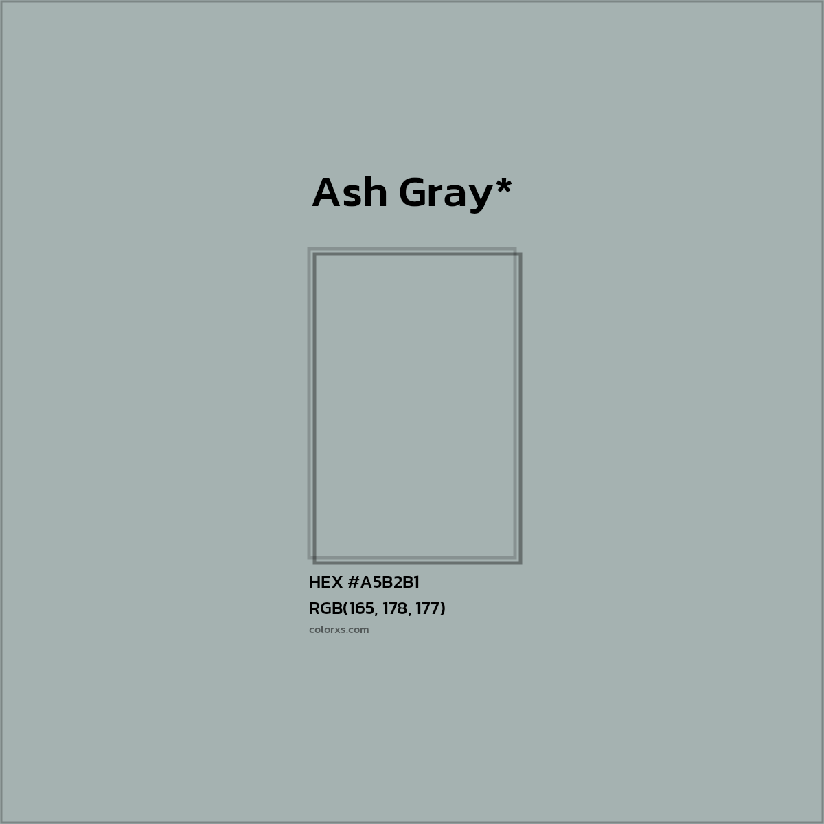 #A5B2B1 hex color. RGB, RYB, CMYK, HSL, HSV codes and color conversions. Matching color names, palettes, paints.