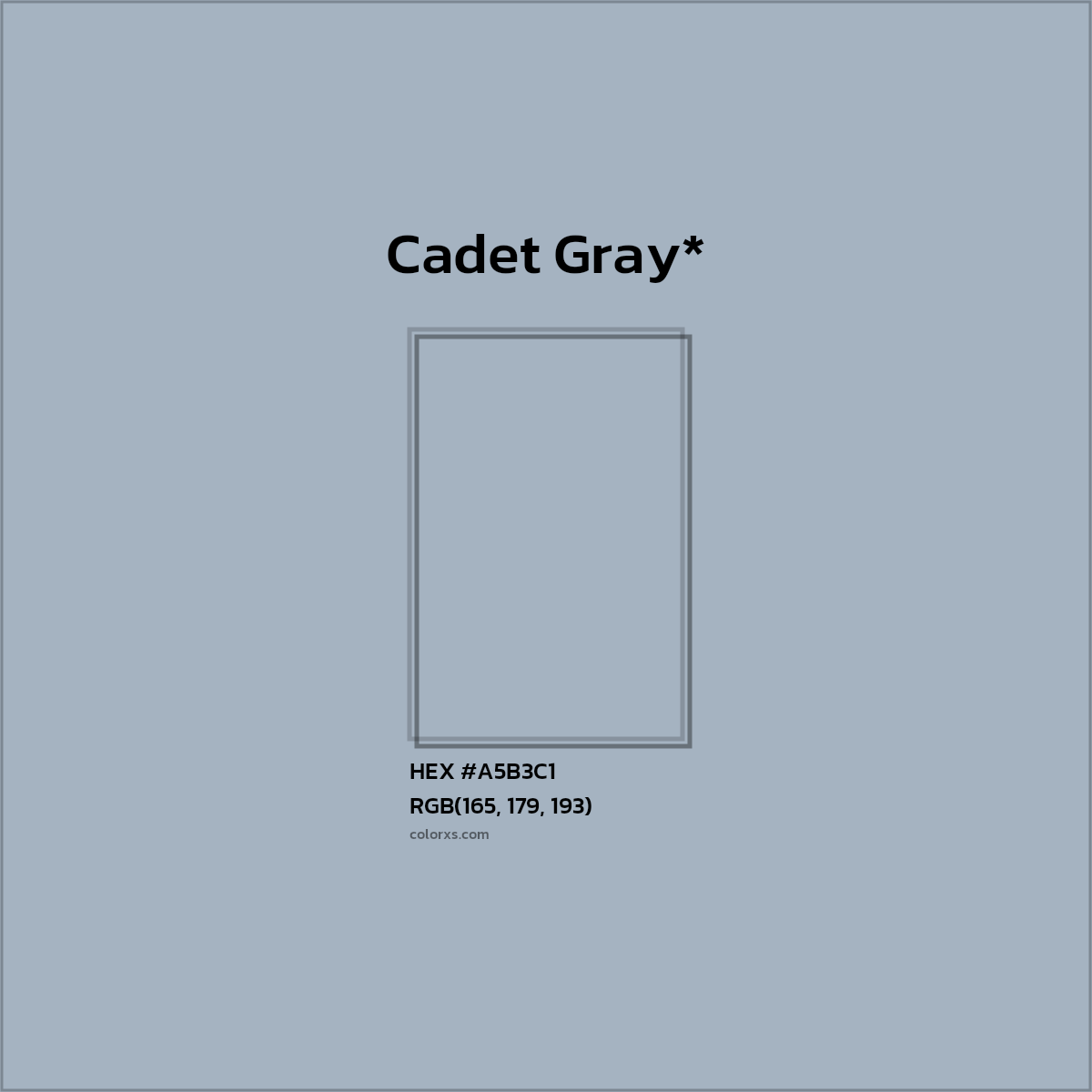 #A5B3C1 hex color. RGB, RYB, CMYK, HSL, HSV codes and color conversions. Matching color names, palettes, paints.