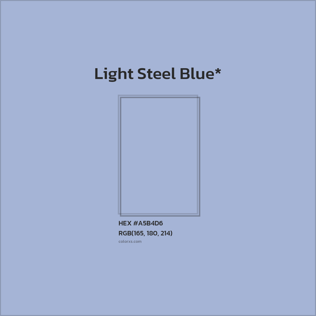 #A5B4D6 hex color. RGB, RYB, CMYK, HSL, HSV codes and color conversions. Matching color names, palettes, paints.