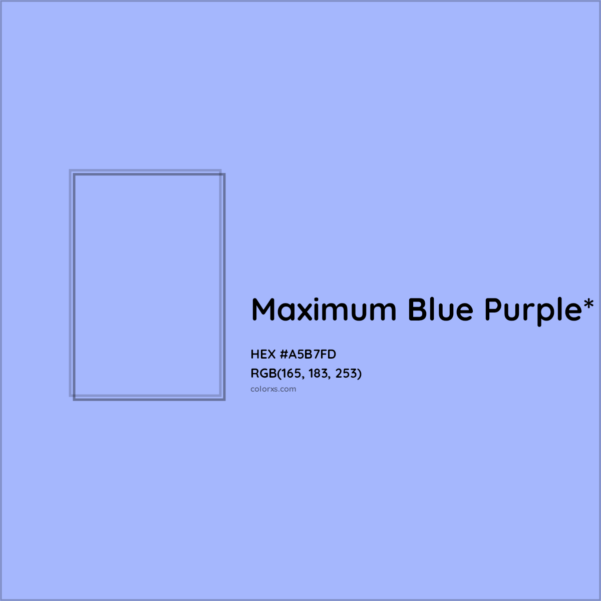 #A5B7FD hex color. RGB, RYB, CMYK, HSL, HSV codes and color conversions. Matching color names, palettes, paints.