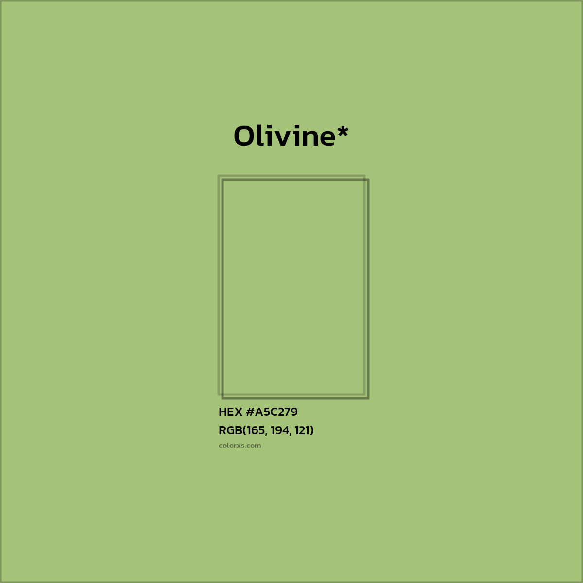 #A5C279 hex color. RGB, RYB, CMYK, HSL, HSV codes and color conversions. Matching color names, palettes, paints.
