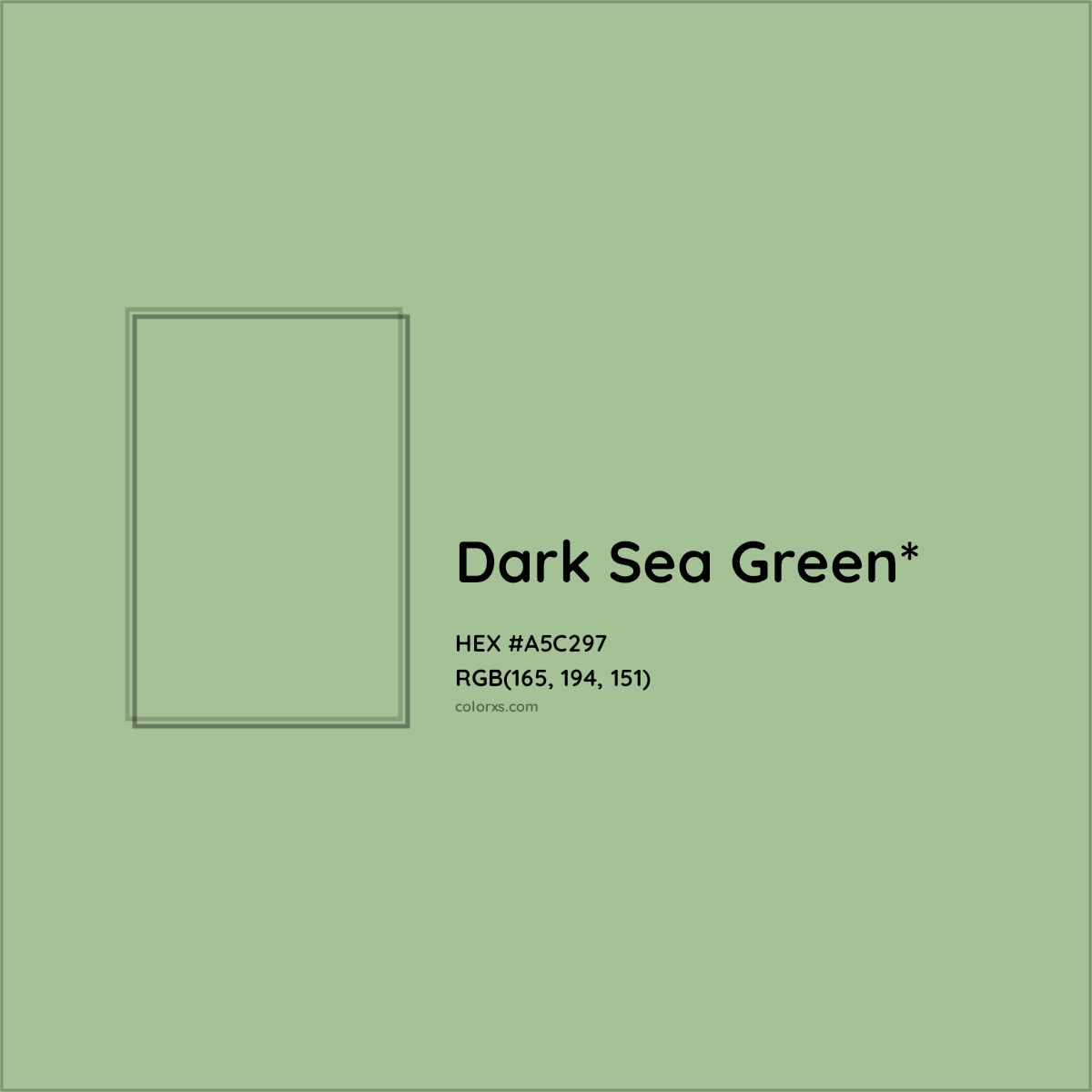 #A5C297 hex color. RGB, RYB, CMYK, HSL, HSV codes and color conversions. Matching color names, palettes, paints.