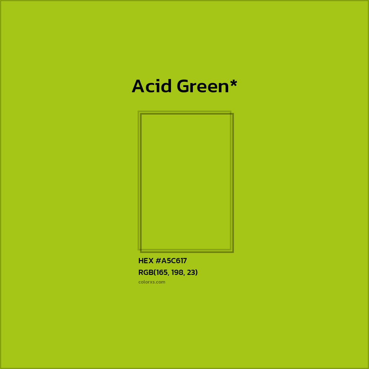 #A5C617 hex color. RGB, RYB, CMYK, HSL, HSV codes and color conversions. Matching color names, palettes, paints.
