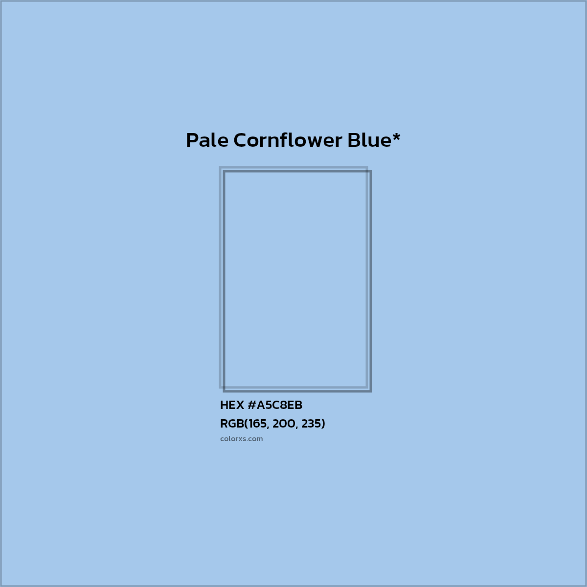#A5C8EB hex color. RGB, RYB, CMYK, HSL, HSV codes and color conversions. Matching color names, palettes, paints.