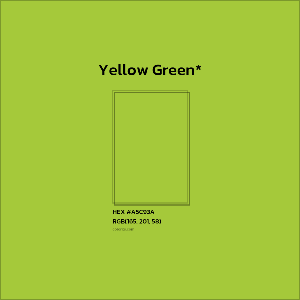 #A5C93A hex color. RGB, RYB, CMYK, HSL, HSV codes and color conversions. Matching color names, palettes, paints.