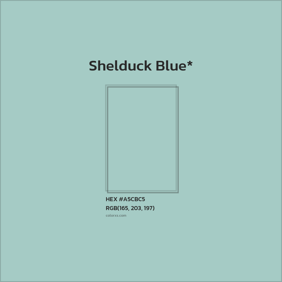 #A5CBC5 hex color. RGB, RYB, CMYK, HSL, HSV codes and color conversions. Matching color names, palettes, paints.