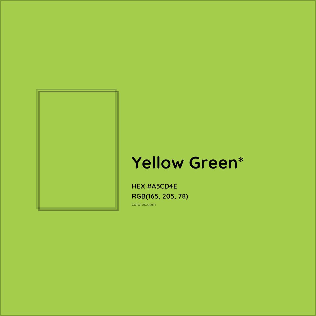 #A5CD4E hex color. RGB, RYB, CMYK, HSL, HSV codes and color conversions. Matching color names, palettes, paints.