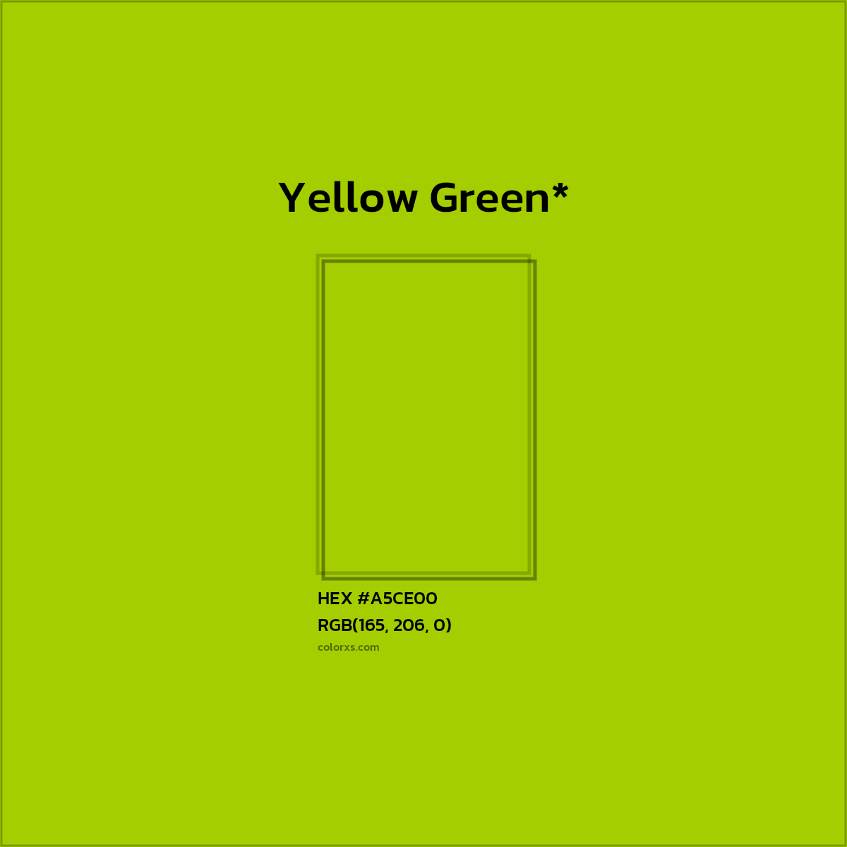 #A5CE00 hex color. RGB, RYB, CMYK, HSL, HSV codes and color conversions. Matching color names, palettes, paints.