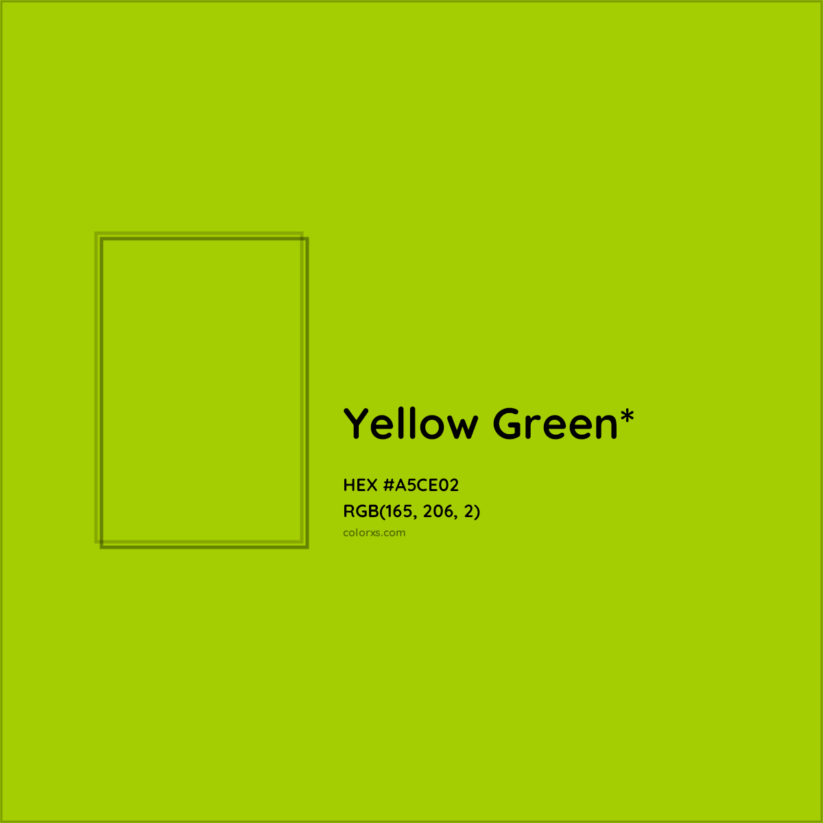 #A5CE02 hex color. RGB, RYB, CMYK, HSL, HSV codes and color conversions. Matching color names, palettes, paints.