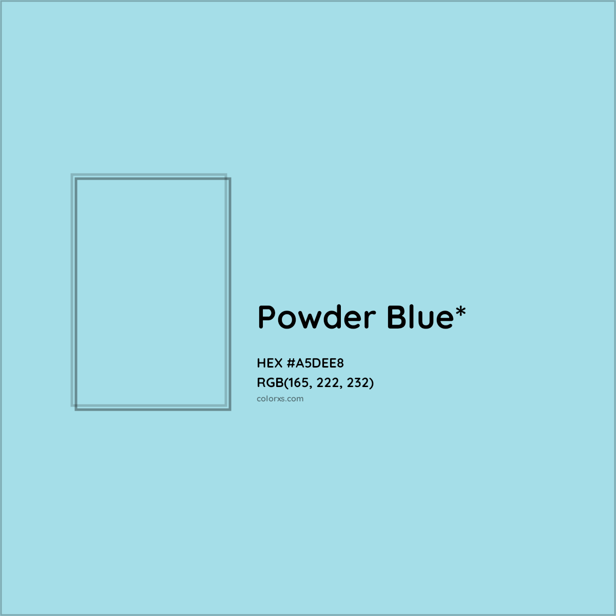 #A5DEE8 hex color. RGB, RYB, CMYK, HSL, HSV codes and color conversions. Matching color names, palettes, paints.