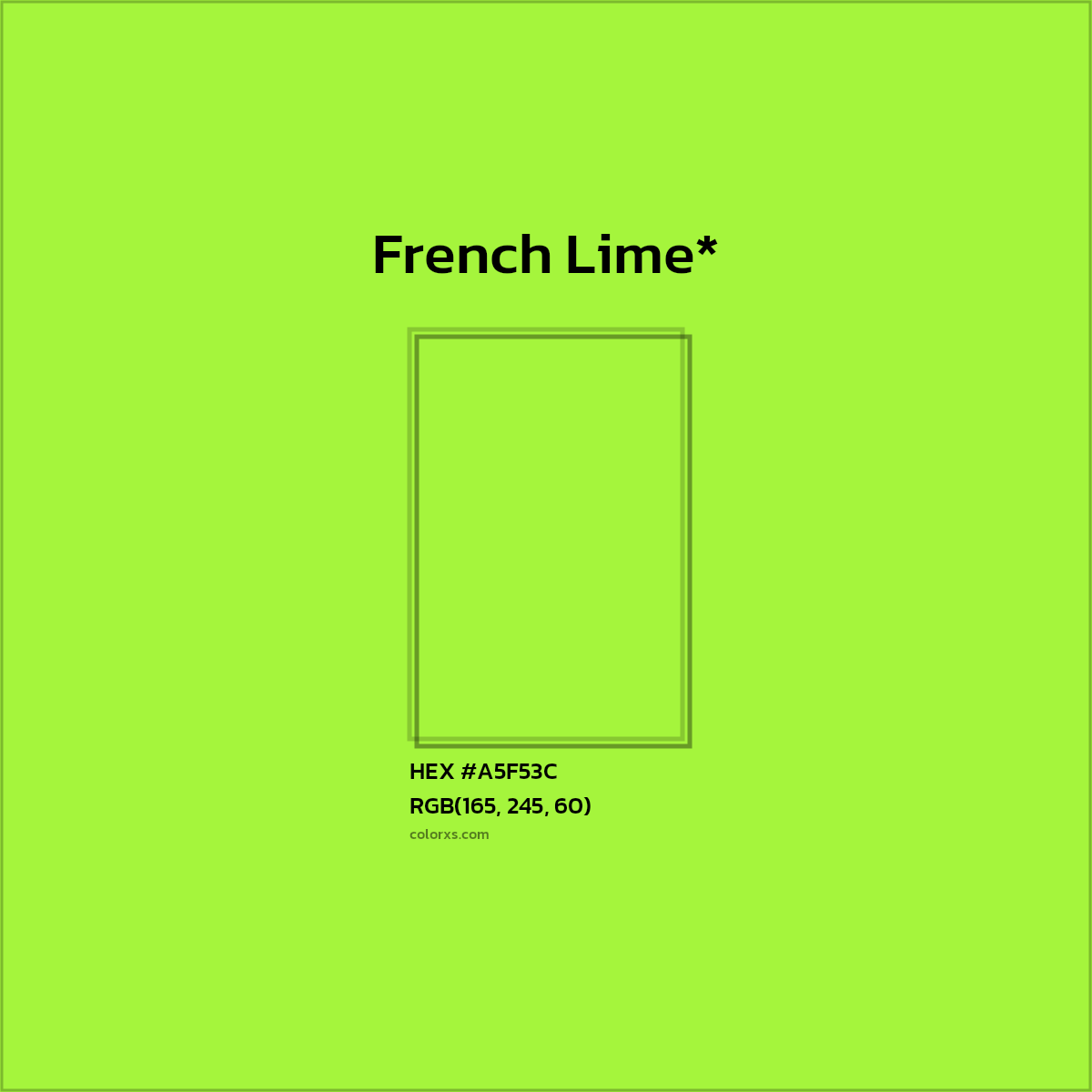 #A5F53C hex color. RGB, RYB, CMYK, HSL, HSV codes and color conversions. Matching color names, palettes, paints.