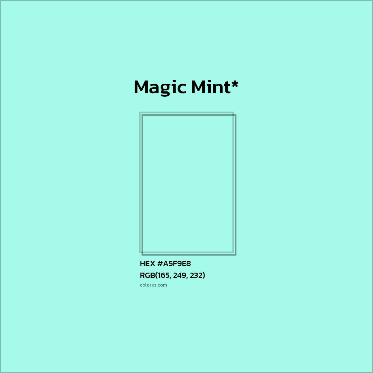 #A5F9E8 hex color. RGB, RYB, CMYK, HSL, HSV codes and color conversions. Matching color names, palettes, paints.