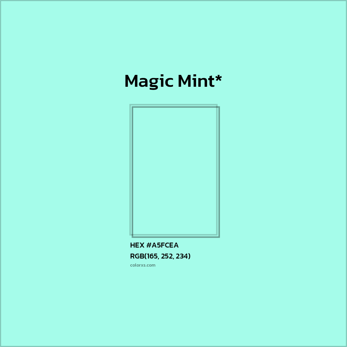 #A5FCEA hex color. RGB, RYB, CMYK, HSL, HSV codes and color conversions. Matching color names, palettes, paints.