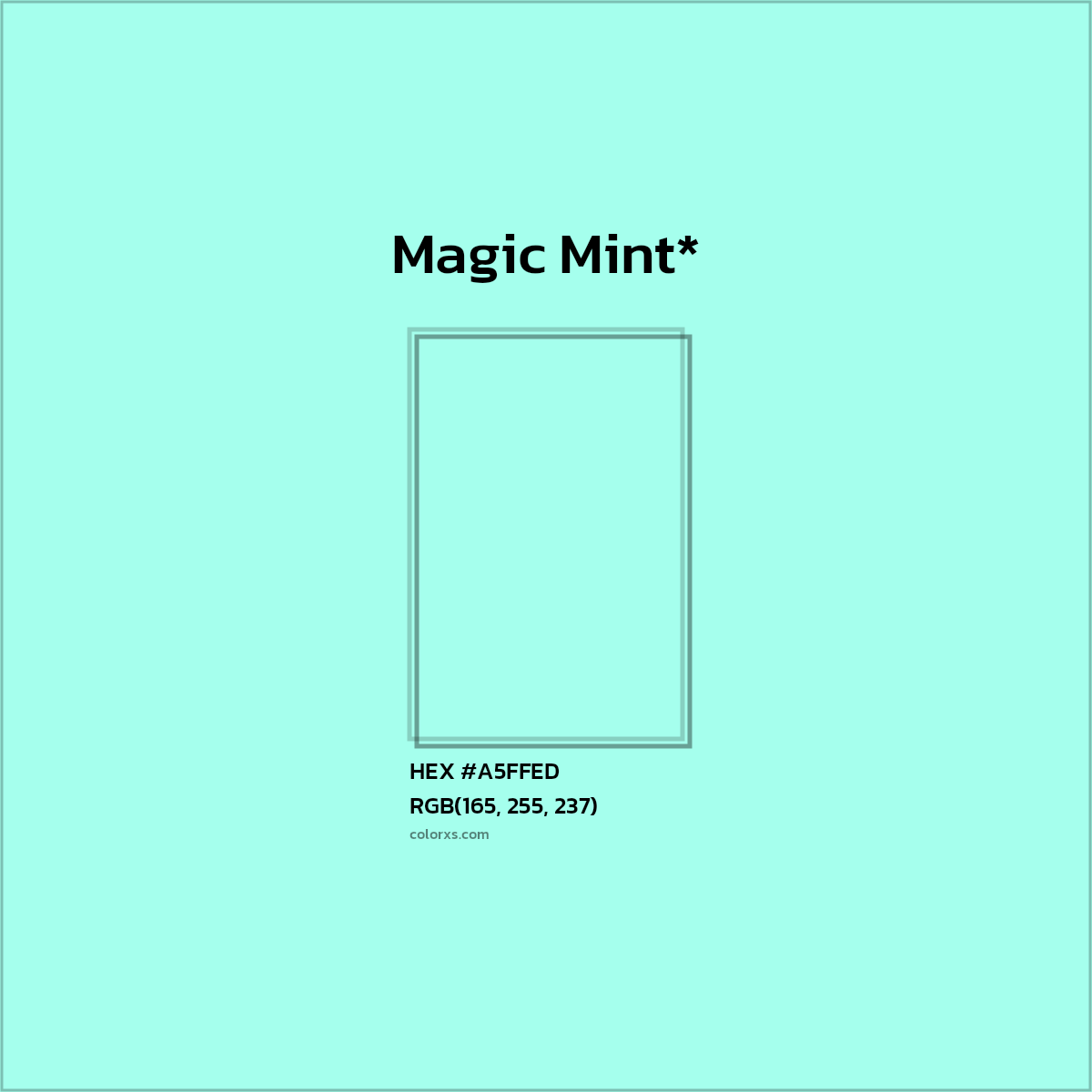 #A5FFED hex color. RGB, RYB, CMYK, HSL, HSV codes and color conversions. Matching color names, palettes, paints.