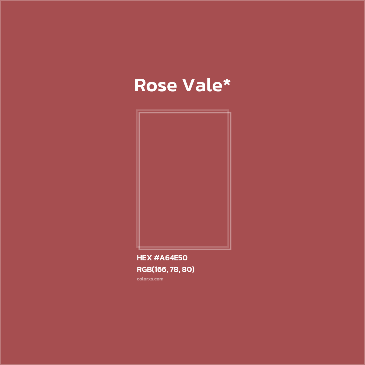 #A64E50 hex color. RGB, RYB, CMYK, HSL, HSV codes and color conversions. Matching color names, palettes, paints.