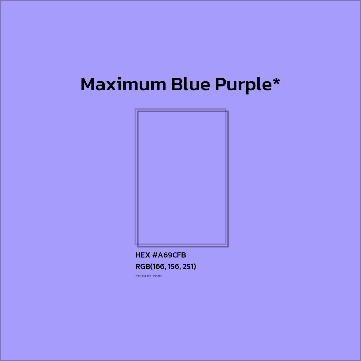 #A69CFB hex color. RGB, RYB, CMYK, HSL, HSV codes and color conversions. Matching color names, palettes, paints.
