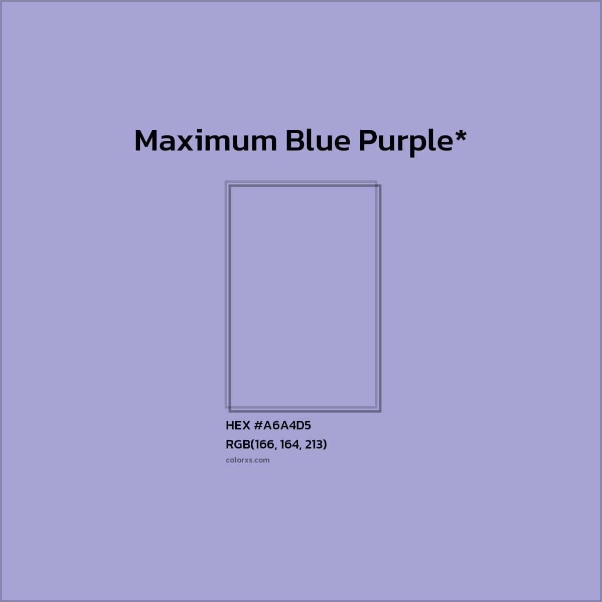 #A6A4D5 hex color. RGB, RYB, CMYK, HSL, HSV codes and color conversions. Matching color names, palettes, paints.