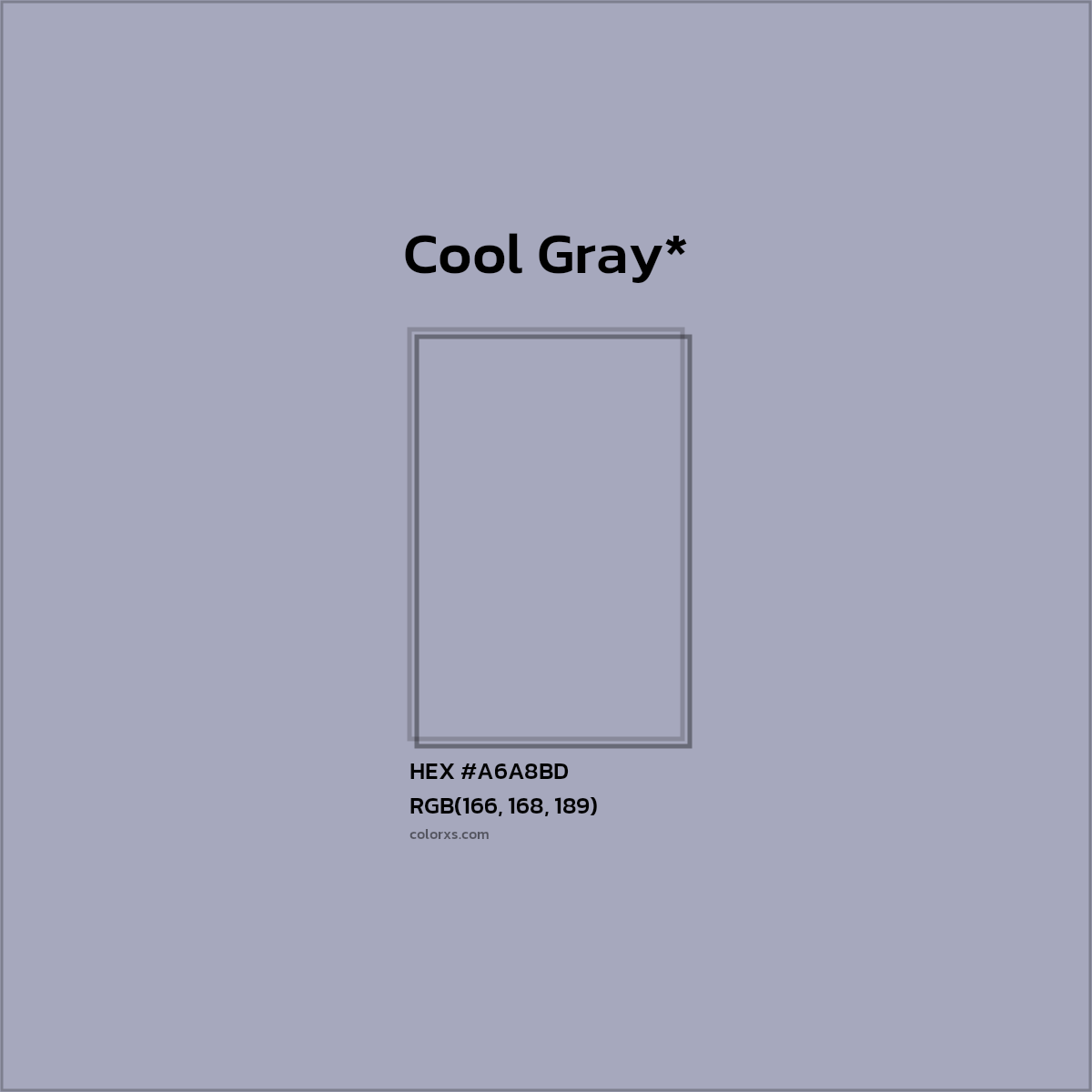 #A6A8BD hex color. RGB, RYB, CMYK, HSL, HSV codes and color conversions. Matching color names, palettes, paints.