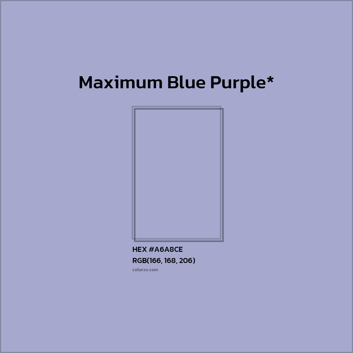 #A6A8CE hex color. RGB, RYB, CMYK, HSL, HSV codes and color conversions. Matching color names, palettes, paints.