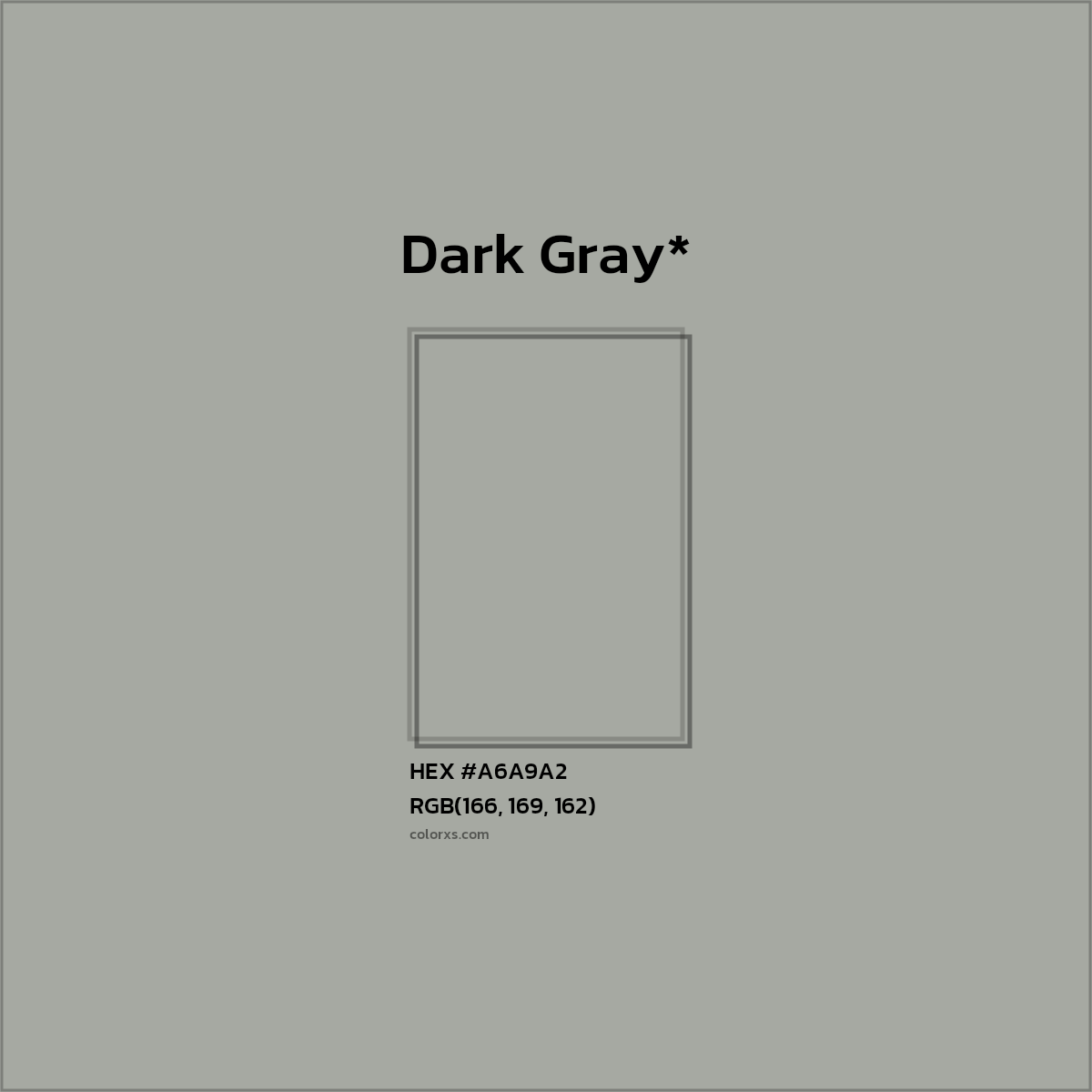 #A6A9A2 hex color. RGB, RYB, CMYK, HSL, HSV codes and color conversions. Matching color names, palettes, paints.