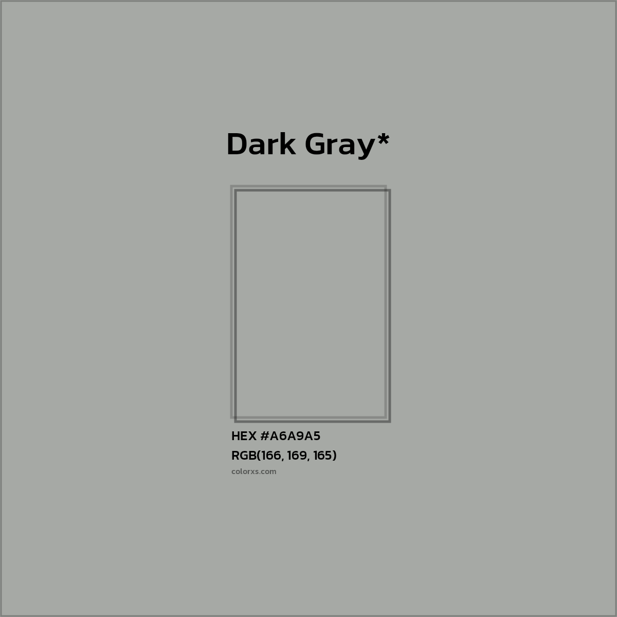 #A6A9A5 hex color. RGB, RYB, CMYK, HSL, HSV codes and color conversions. Matching color names, palettes, paints.