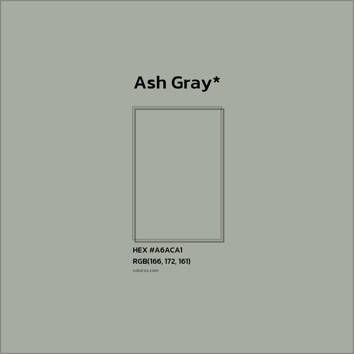 #A6ACA1 hex color. RGB, RYB, CMYK, HSL, HSV codes and color conversions. Matching color names, palettes, paints.