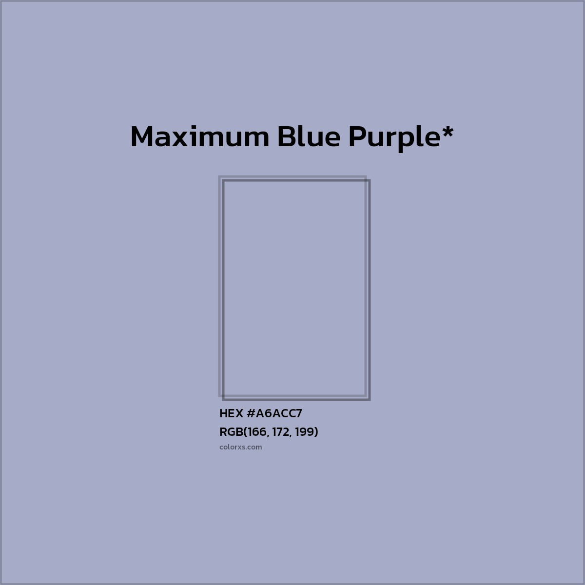 #A6ACC7 hex color. RGB, RYB, CMYK, HSL, HSV codes and color conversions. Matching color names, palettes, paints.