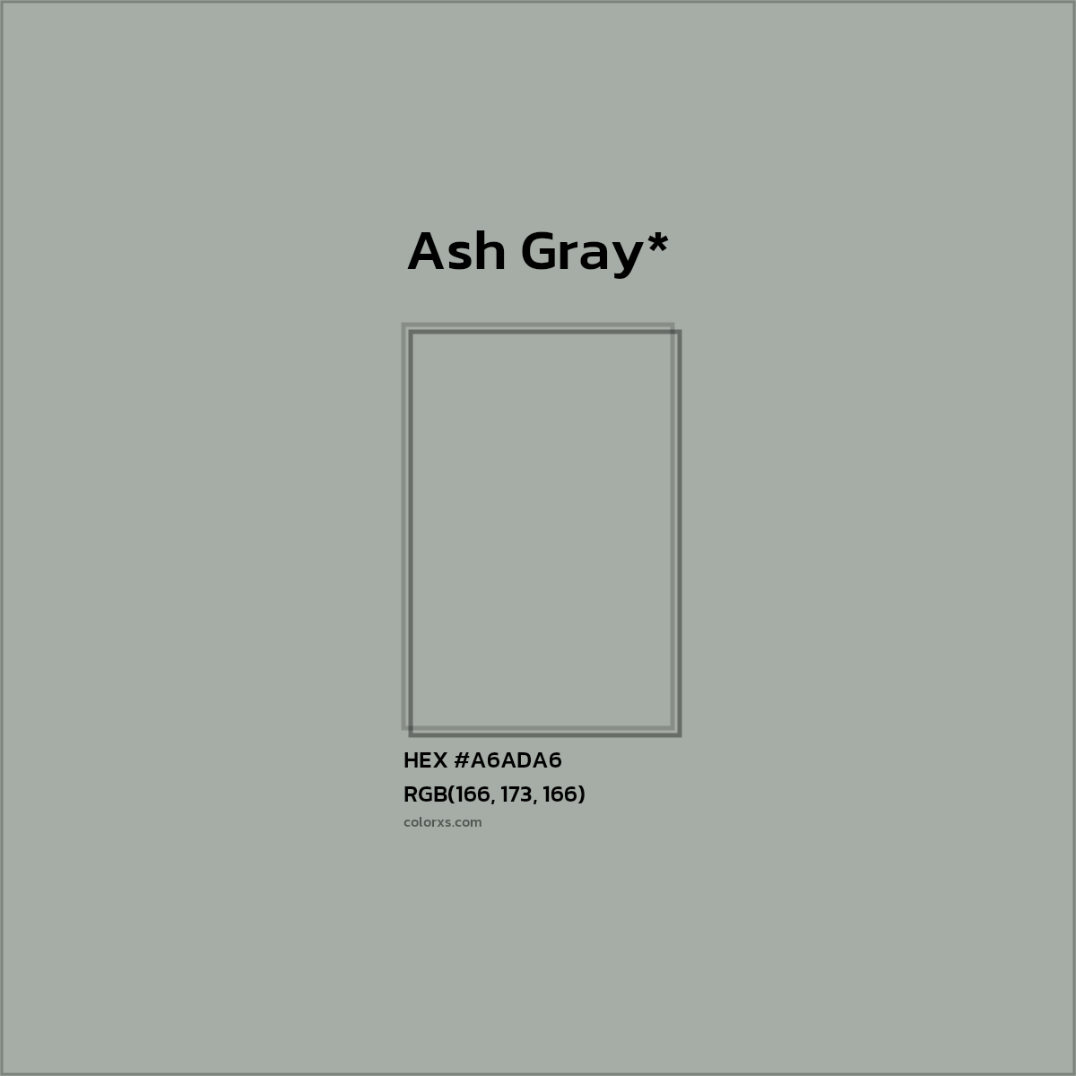 #A6ADA6 hex color. RGB, RYB, CMYK, HSL, HSV codes and color conversions. Matching color names, palettes, paints.