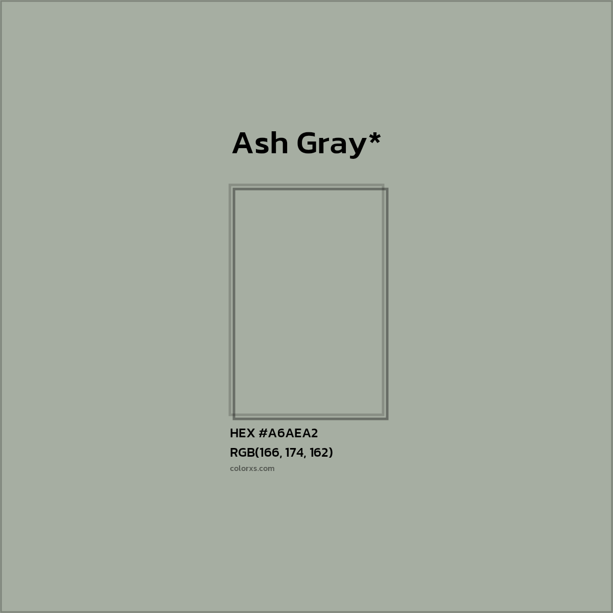 #A6AEA2 hex color. RGB, RYB, CMYK, HSL, HSV codes and color conversions. Matching color names, palettes, paints.