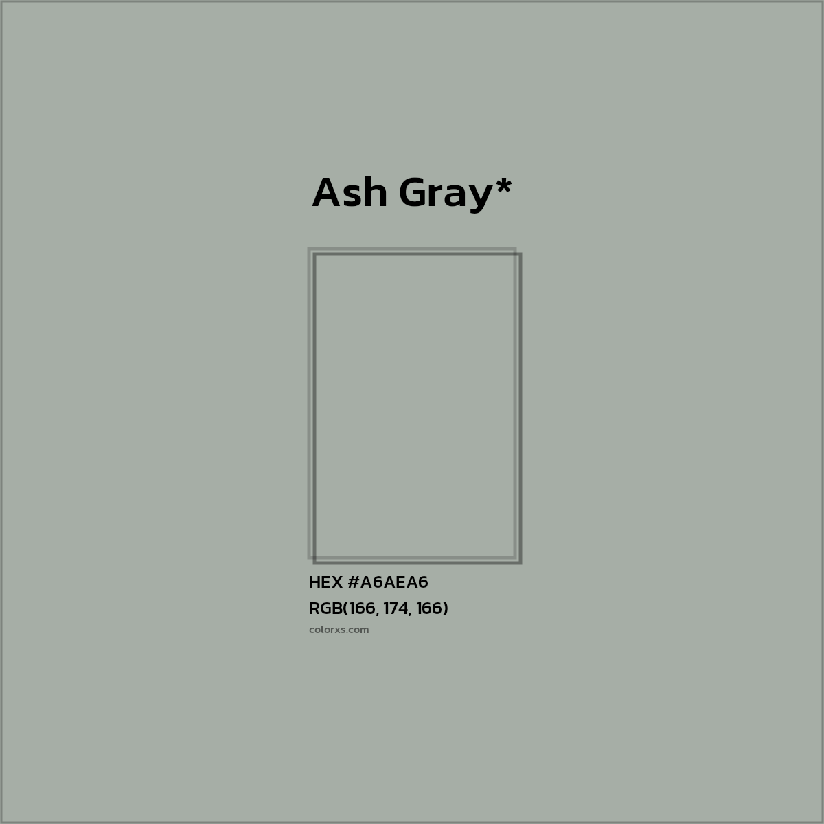 #A6AEA6 hex color. RGB, RYB, CMYK, HSL, HSV codes and color conversions. Matching color names, palettes, paints.