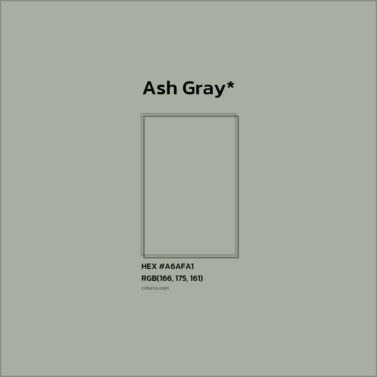 #A6AFA1 hex color. RGB, RYB, CMYK, HSL, HSV codes and color conversions. Matching color names, palettes, paints.