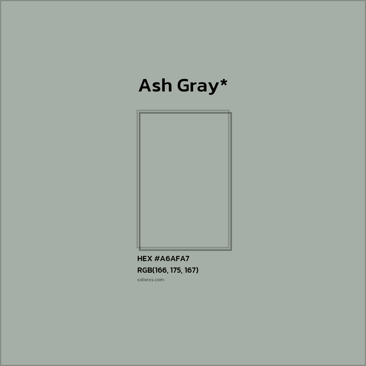 #A6AFA7 hex color. RGB, RYB, CMYK, HSL, HSV codes and color conversions. Matching color names, palettes, paints.