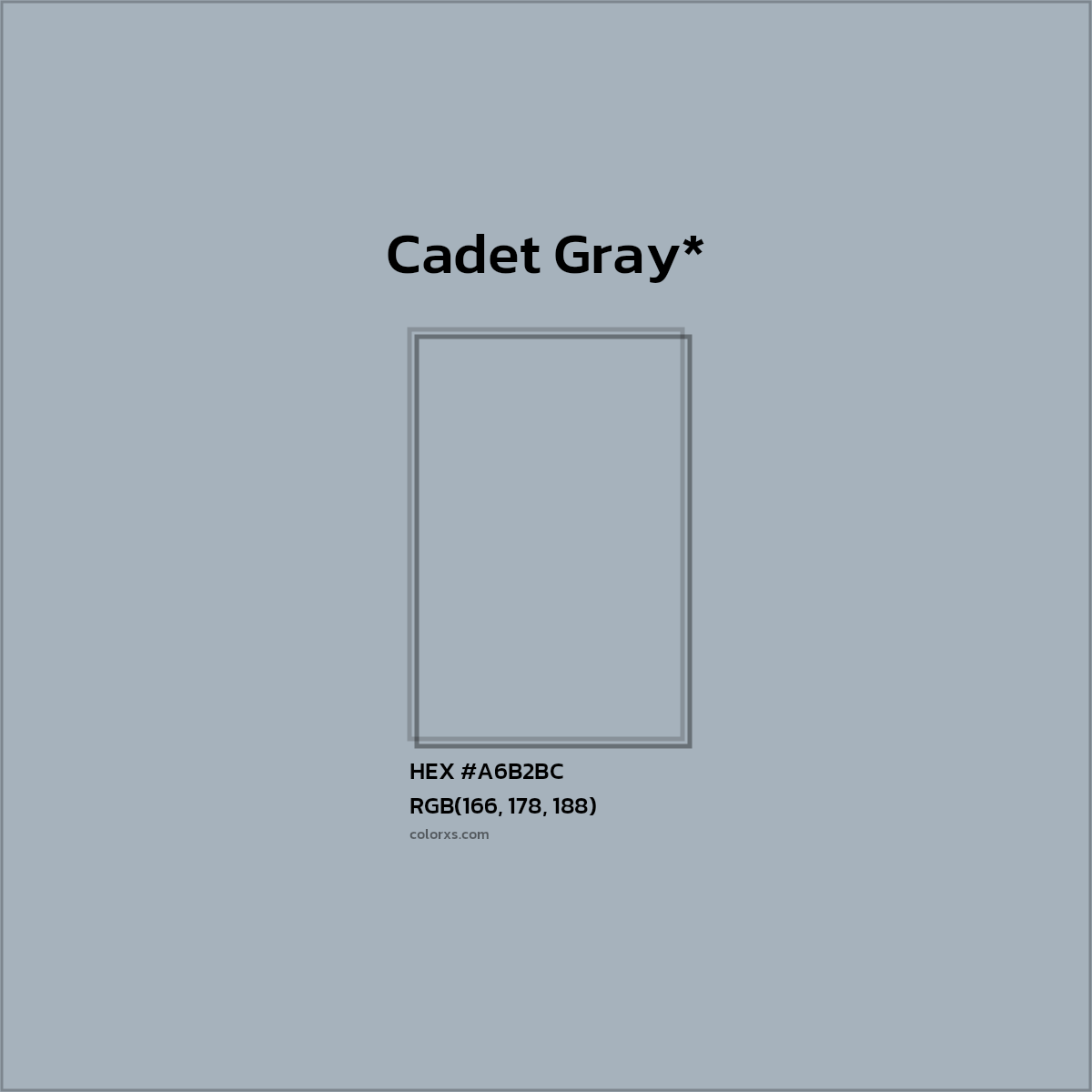 #A6B2BC hex color. RGB, RYB, CMYK, HSL, HSV codes and color conversions. Matching color names, palettes, paints.