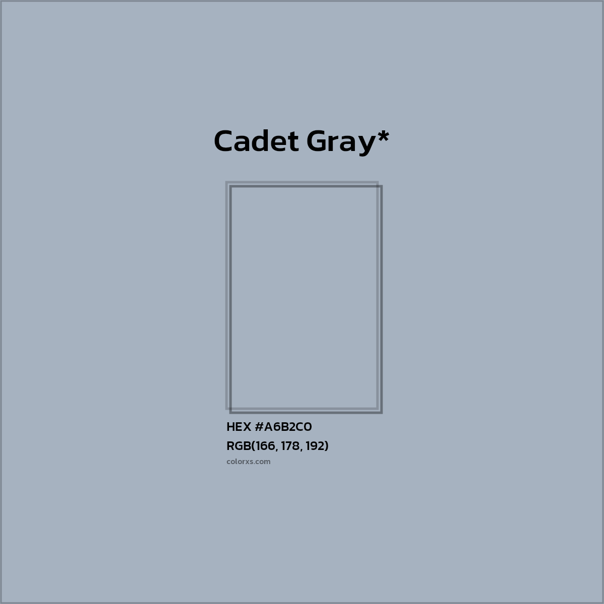 #A6B2C0 hex color. RGB, RYB, CMYK, HSL, HSV codes and color conversions. Matching color names, palettes, paints.