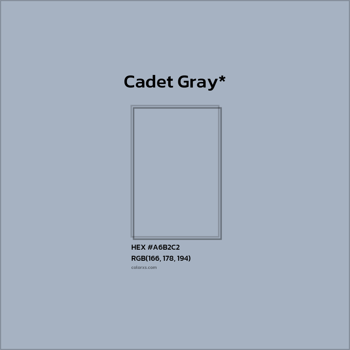#A6B2C2 hex color. RGB, RYB, CMYK, HSL, HSV codes and color conversions. Matching color names, palettes, paints.