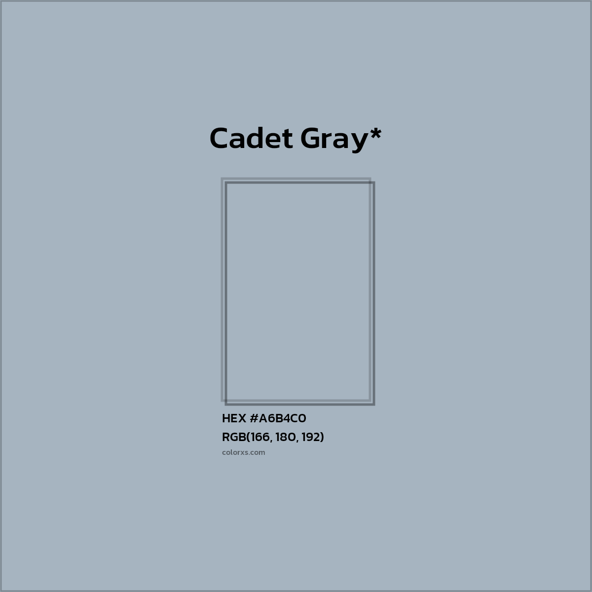 #A6B4C0 hex color. RGB, RYB, CMYK, HSL, HSV codes and color conversions. Matching color names, palettes, paints.