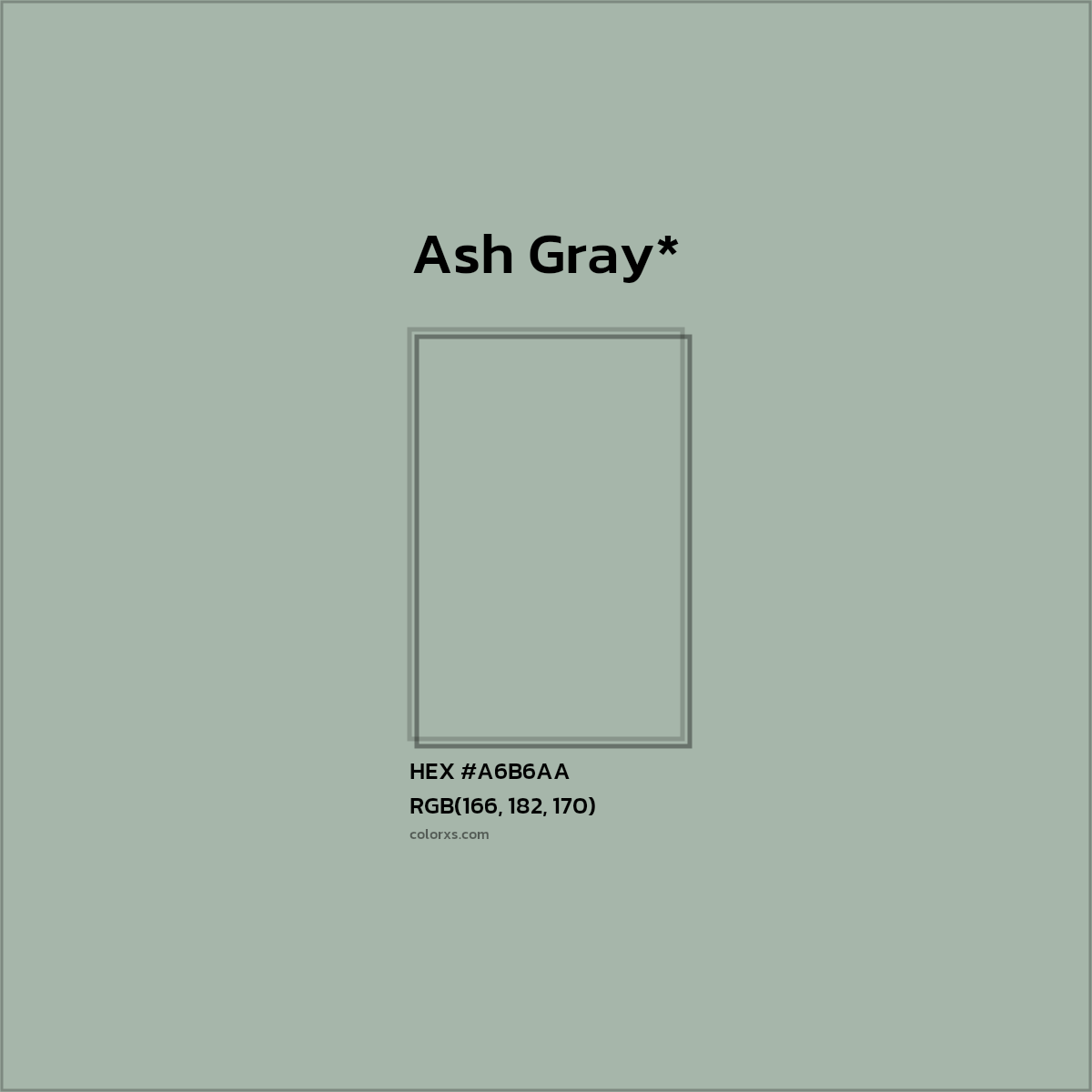 #A6B6AA hex color. RGB, RYB, CMYK, HSL, HSV codes and color conversions. Matching color names, palettes, paints.