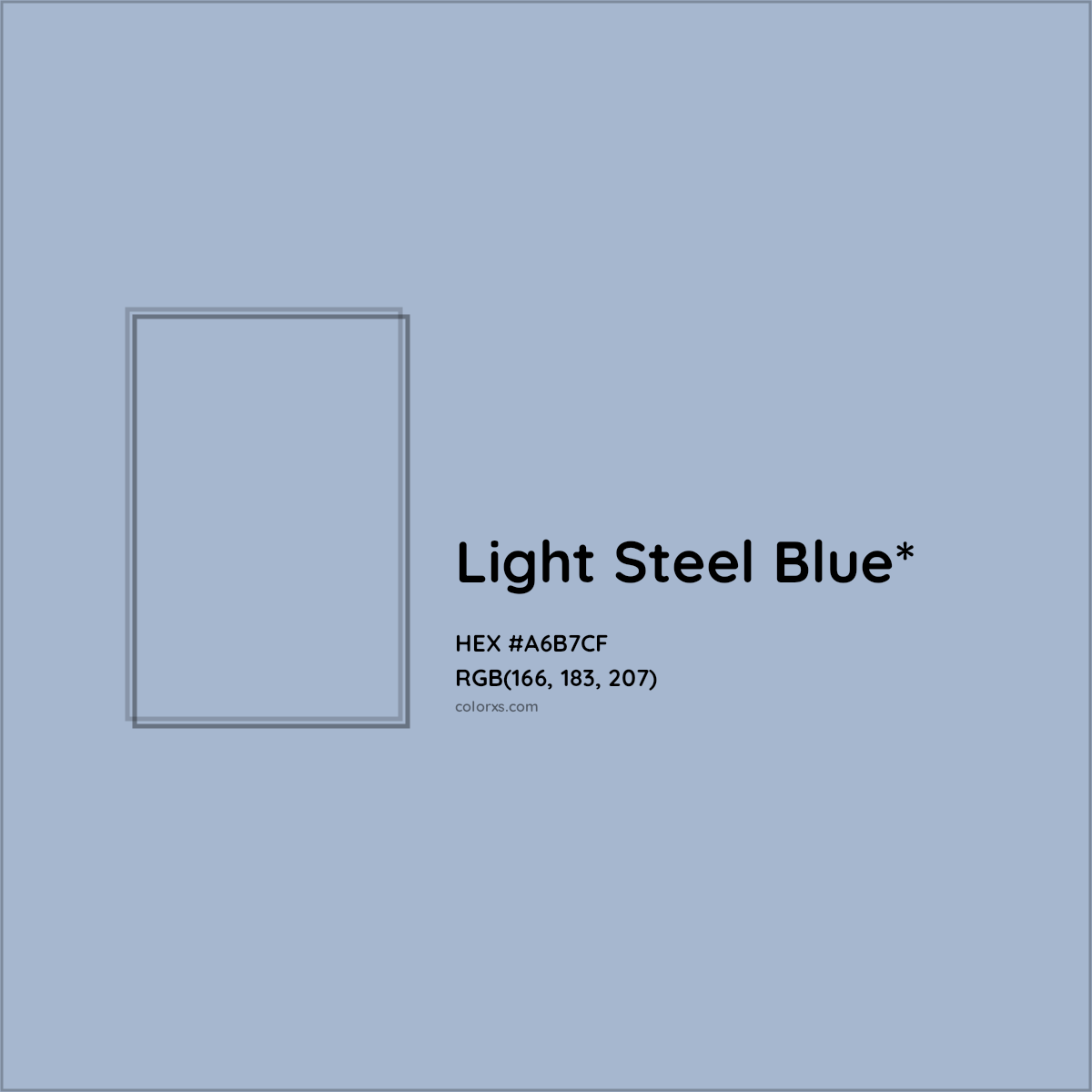 #A6B7CF hex color. RGB, RYB, CMYK, HSL, HSV codes and color conversions. Matching color names, palettes, paints.