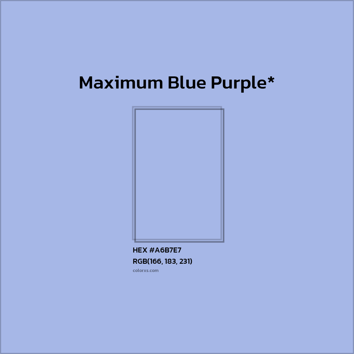 #A6B7E7 hex color. RGB, RYB, CMYK, HSL, HSV codes and color conversions. Matching color names, palettes, paints.
