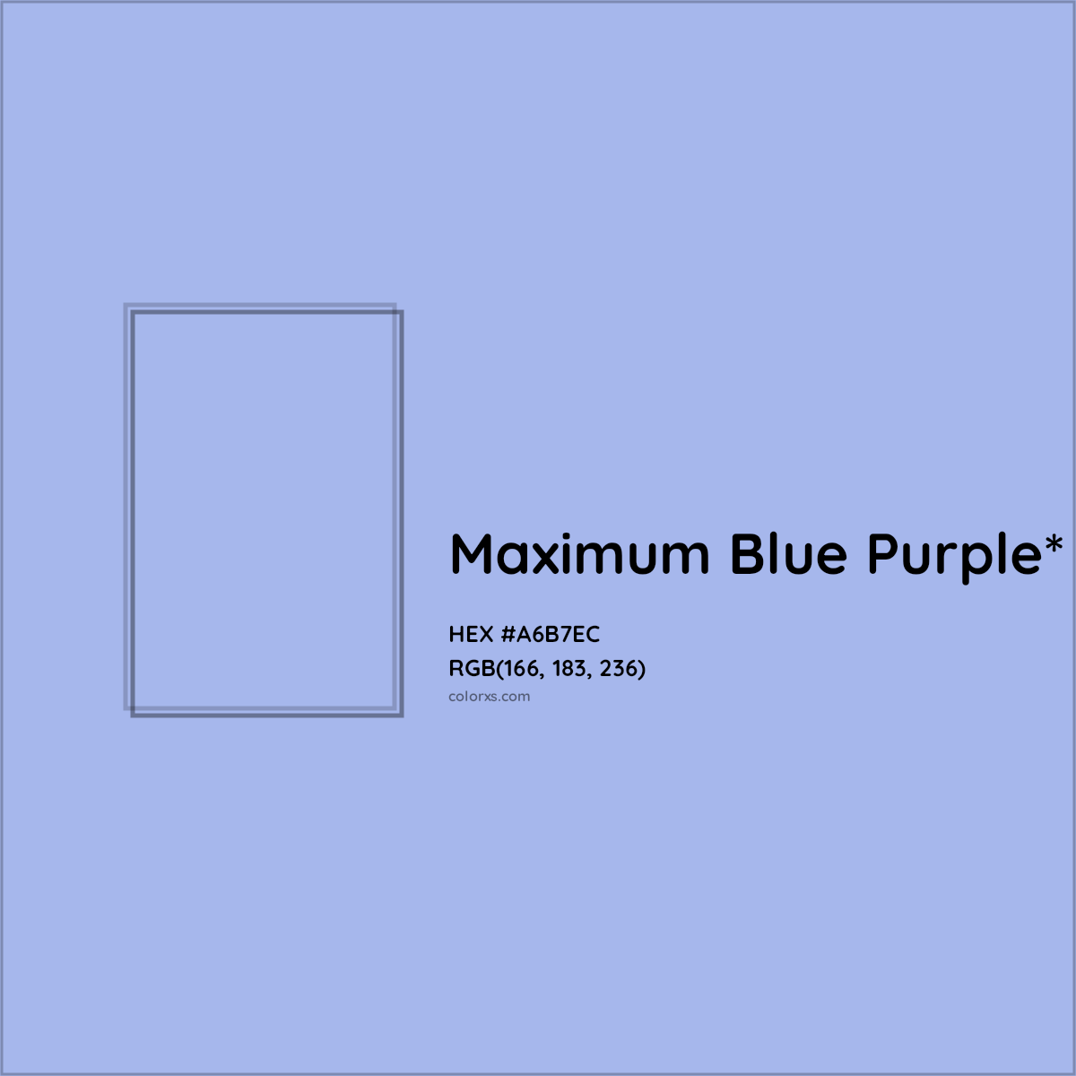 #A6B7EC hex color. RGB, RYB, CMYK, HSL, HSV codes and color conversions. Matching color names, palettes, paints.