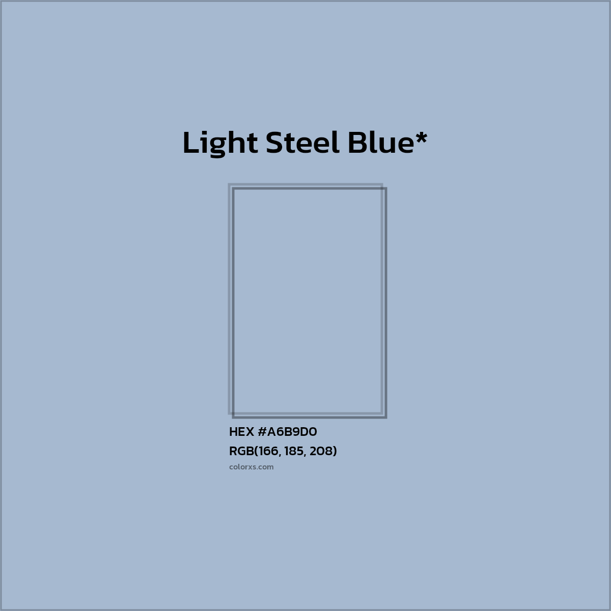 #A6B9D0 hex color. RGB, RYB, CMYK, HSL, HSV codes and color conversions. Matching color names, palettes, paints.