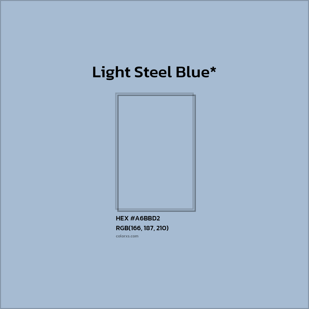 #A6BBD2 hex color. RGB, RYB, CMYK, HSL, HSV codes and color conversions. Matching color names, palettes, paints.