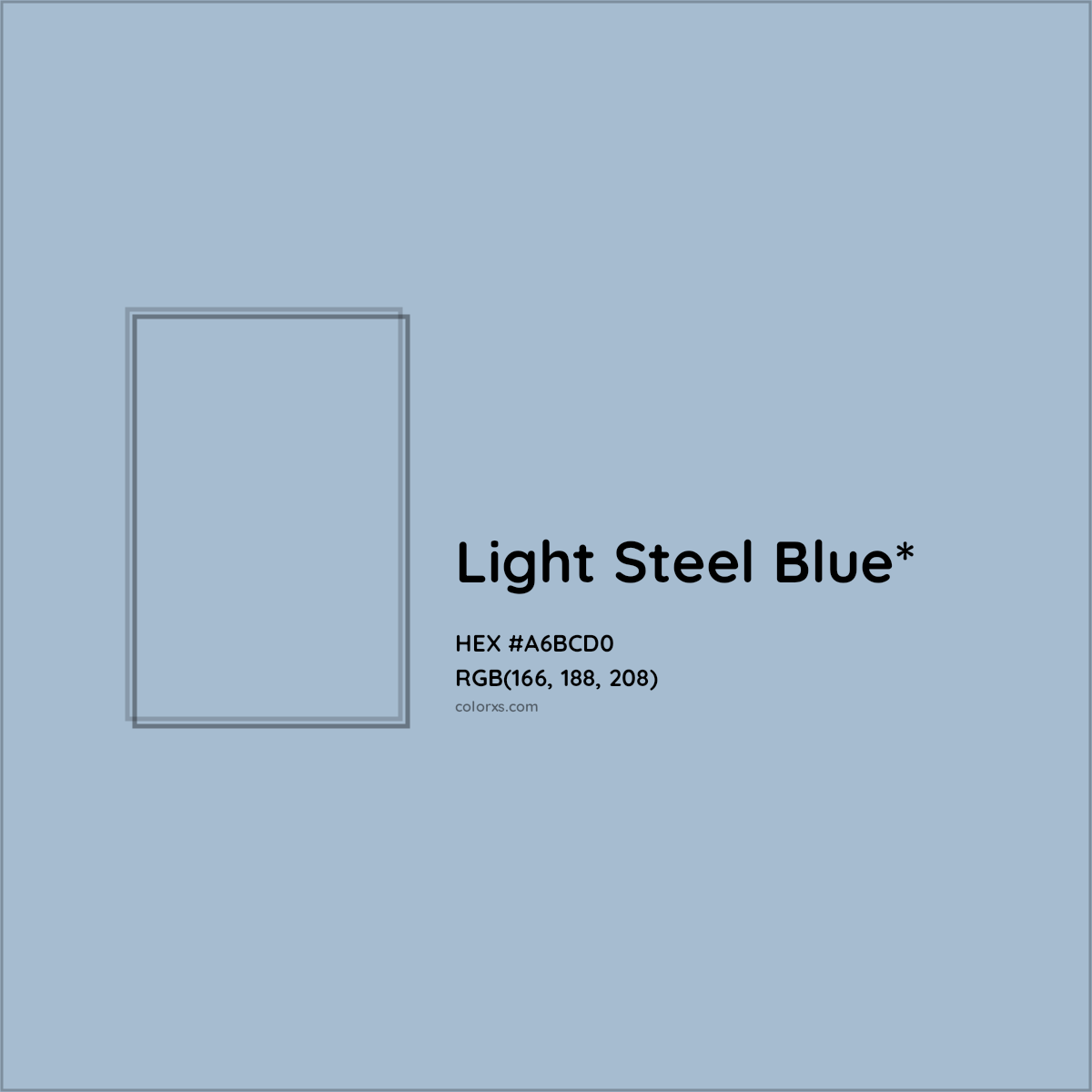 #A6BCD0 hex color. RGB, RYB, CMYK, HSL, HSV codes and color conversions. Matching color names, palettes, paints.