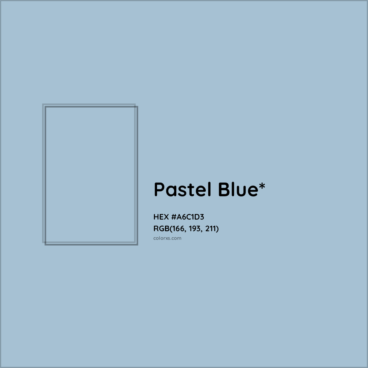 #A6C1D3 hex color. RGB, RYB, CMYK, HSL, HSV codes and color conversions. Matching color names, palettes, paints.