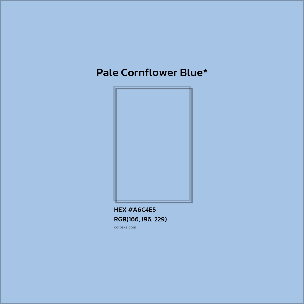 #A6C4E5 hex color. RGB, RYB, CMYK, HSL, HSV codes and color conversions. Matching color names, palettes, paints.