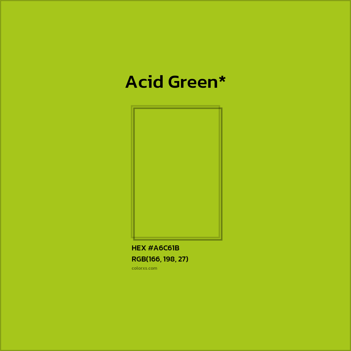 #A6C61B hex color. RGB, RYB, CMYK, HSL, HSV codes and color conversions. Matching color names, palettes, paints.