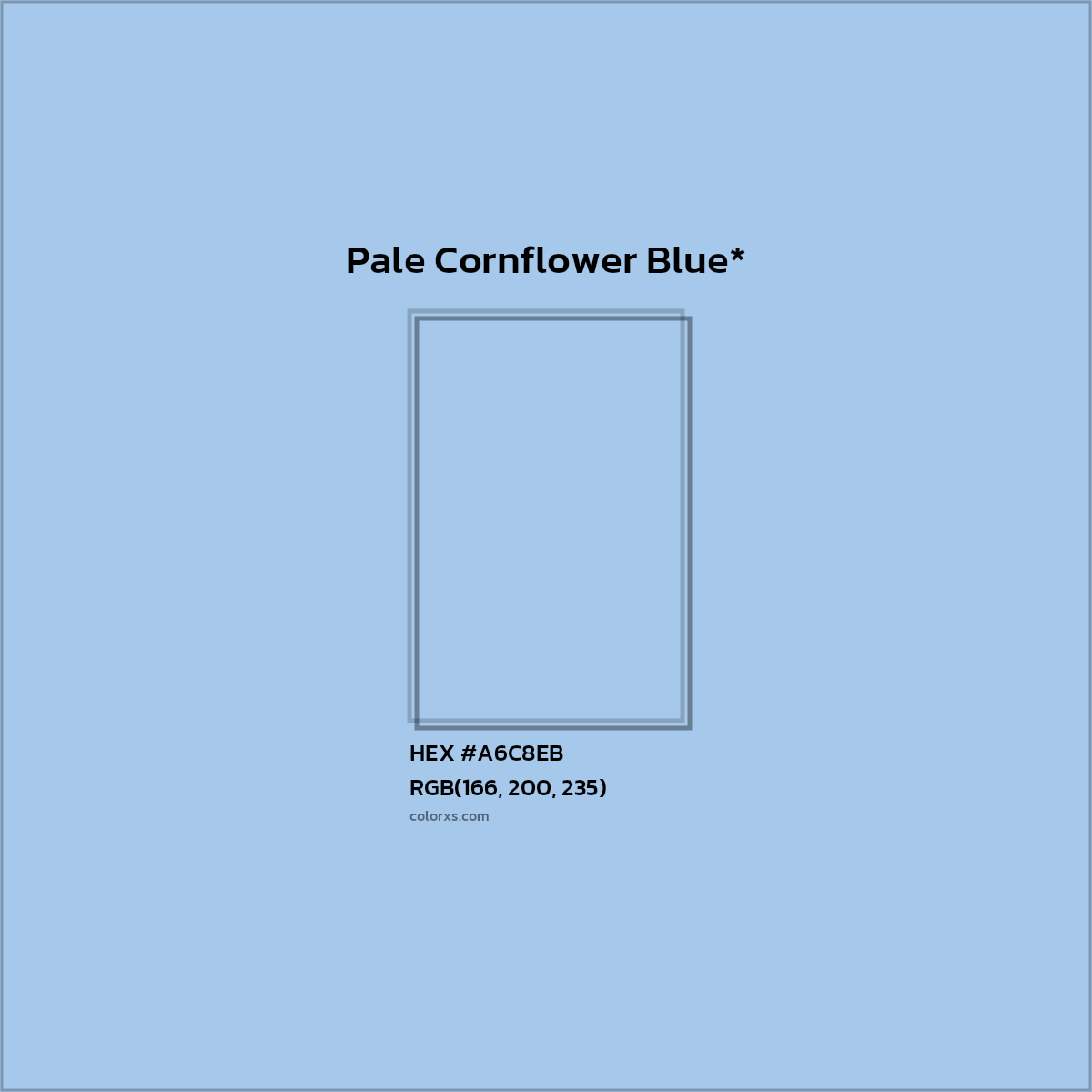 #A6C8EB hex color. RGB, RYB, CMYK, HSL, HSV codes and color conversions. Matching color names, palettes, paints.