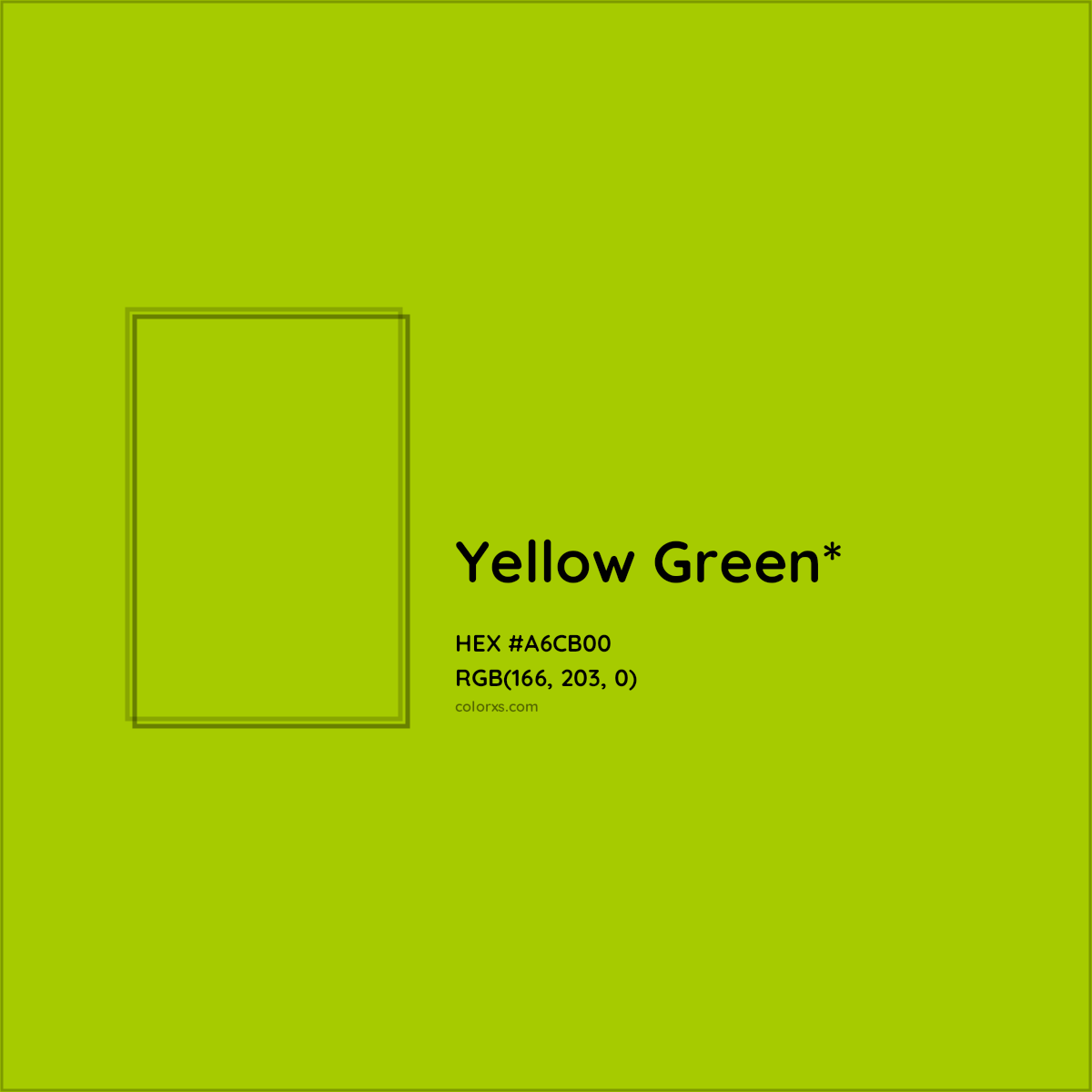#A6CB00 hex color. RGB, RYB, CMYK, HSL, HSV codes and color conversions. Matching color names, palettes, paints.